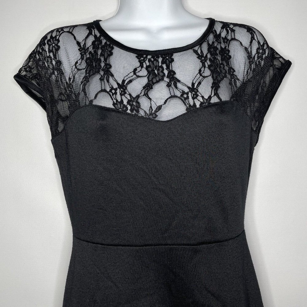Rock Steady Retro Black Stretch Jersey Floral Mesh Lace Fit Flare Dress - Picture 2 of 8